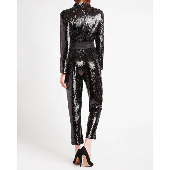 Express Black Sequin Long Sleeve Jumpsuit with Tie Belt and Pockets size S - Picture 3 of 9